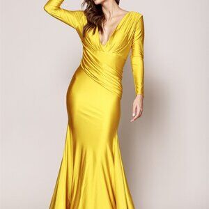 V-Neck Long Sleeve Satin Evening Dress AC381